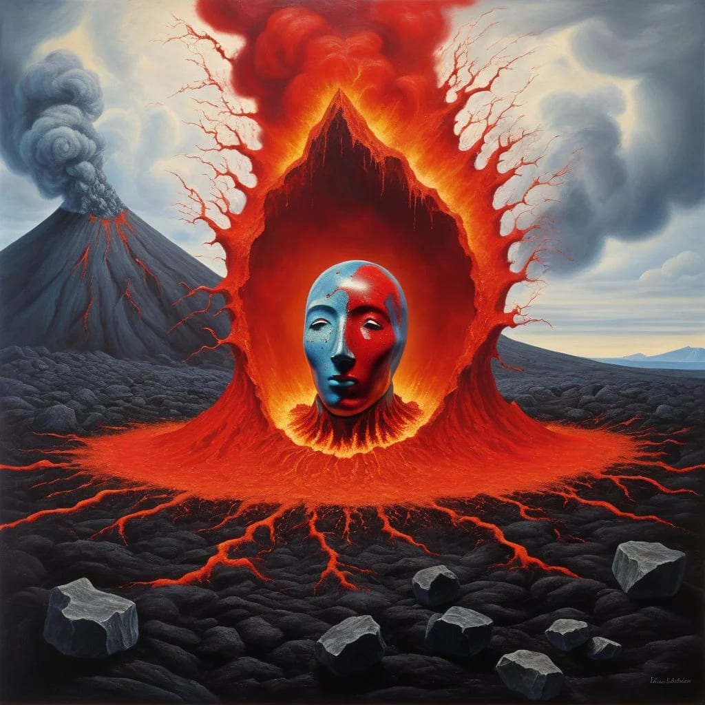 Eden-va2rosa-sculpture in the middle of volcano eruption_ action film still_ oil painting by Remedios Varo-65b8075b04b9e394b0d70c3e.jpg