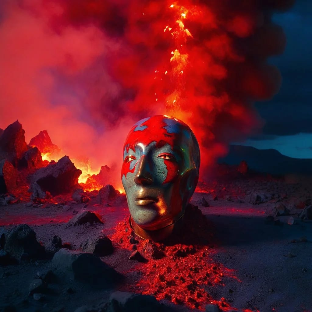 Eden-va2rosa-sculpture in the middle of volcano eruption_ action film still_ oil painting by Remedios Varo-65c1cc390335fa57d2dab8d7.jpg