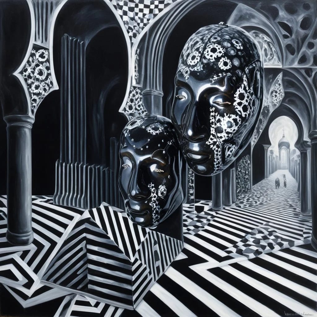Eden-va2rosa-sculpture made of geometric patterns in pattern filled background_ drawing_ oil painting by Remedios Varo-65ac94df4c466ec800d9a7a3.jpg