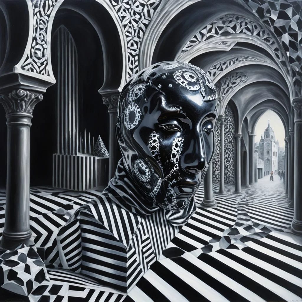 Eden-va2rosa-sculpture made of geometric patterns in pattern filled background_ drawing_ oil painting by Remedios Varo-65ac94df4c466ec800d9a7a4.jpg
